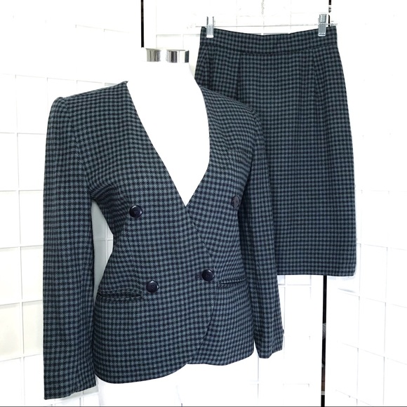 Rena Rowan for Saville Jackets & Blazers - Vintage 80s Suit Black Teal Houndstooth Classic P4